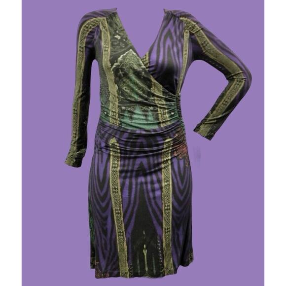 Etro Italy Purple Green Multi Paisley Long Sleeve V-Neck Dress sz 42 M US 6 - Picture 8 of 14